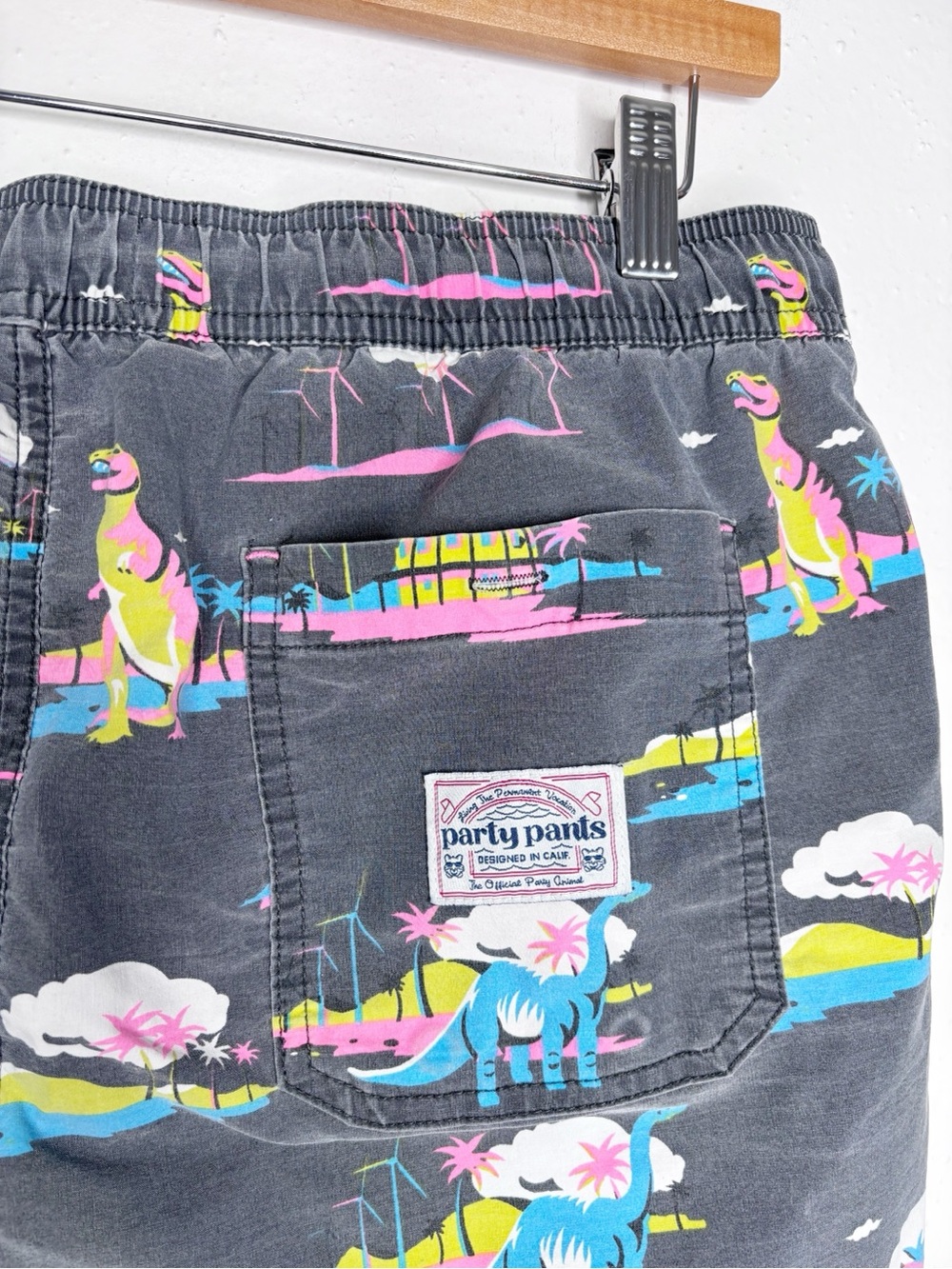 Party Pants Printed Swim Trunks Dinosaur Palm Springs Gray Vintage Wash Size L - Picture 6 of 7